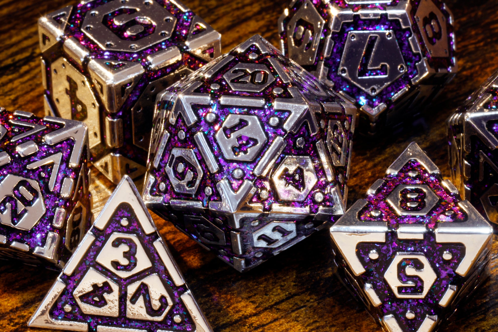 Stellar Relic Vault dice set with purple and antique silver metal - The Wizard's Vault