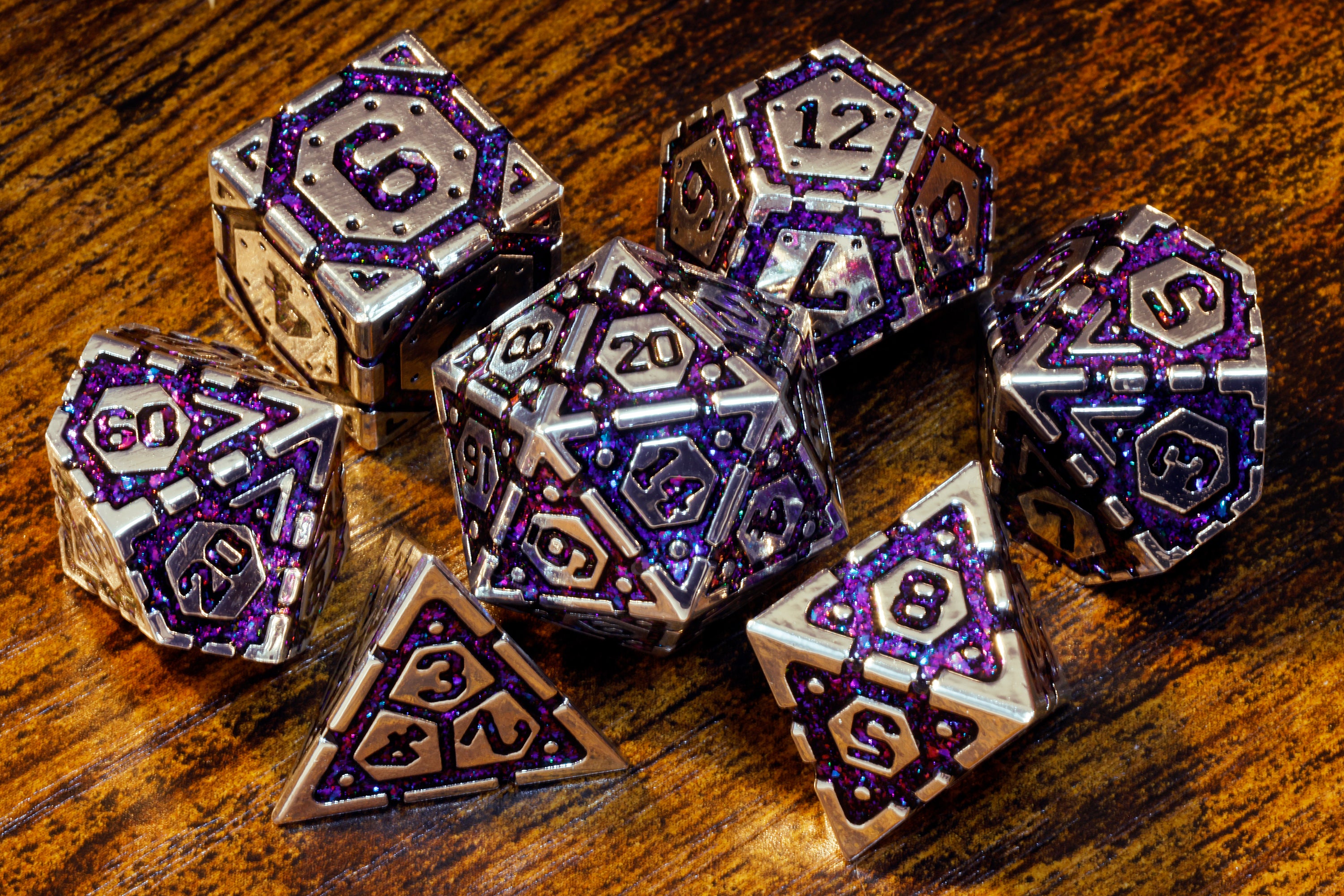 Stellar Relic Vault dice set with purple and antique silver metal - The Wizard's Vault