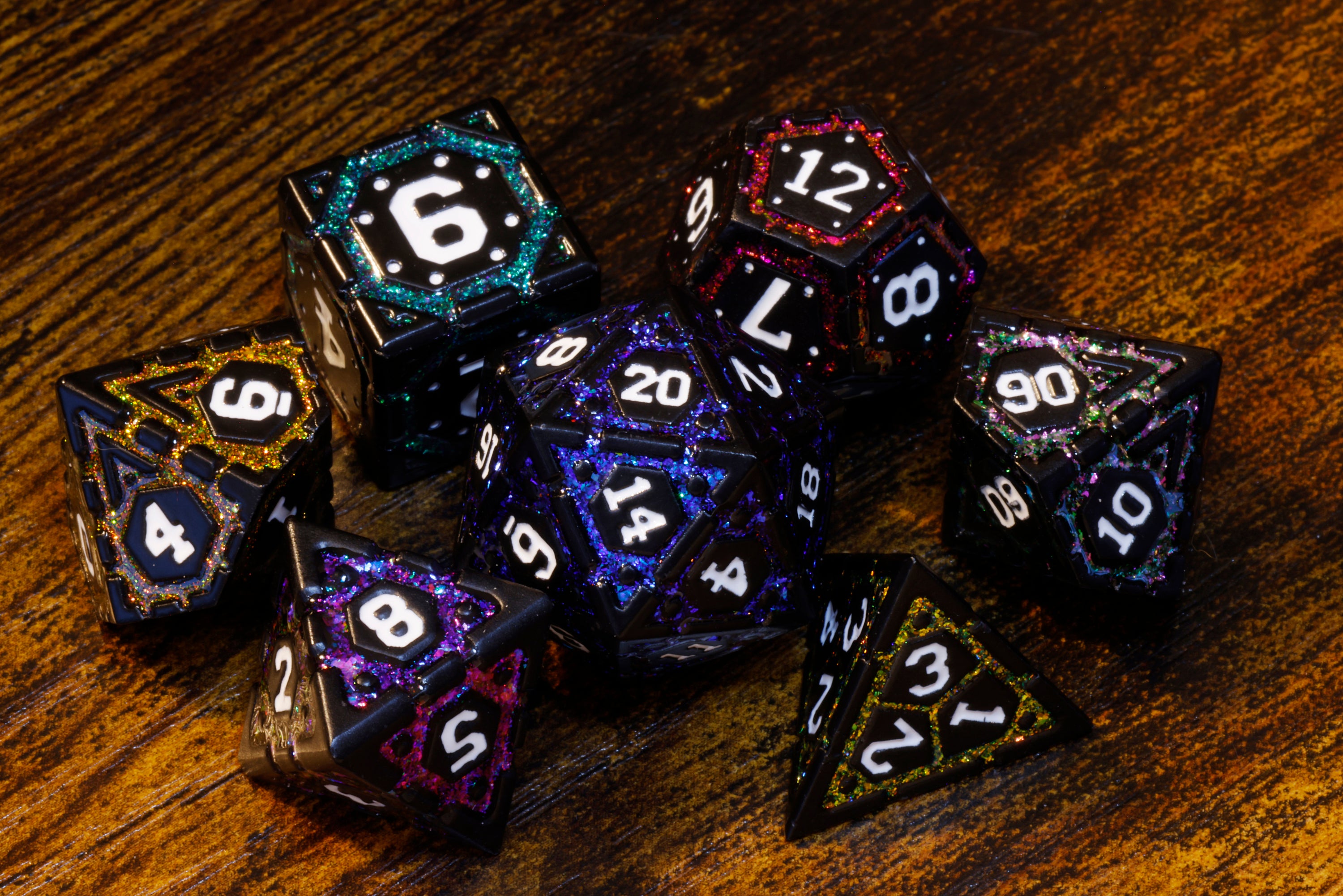 Polychrome Vault Dice Set, Black metal with multicolor mica - The Wizard's Vault