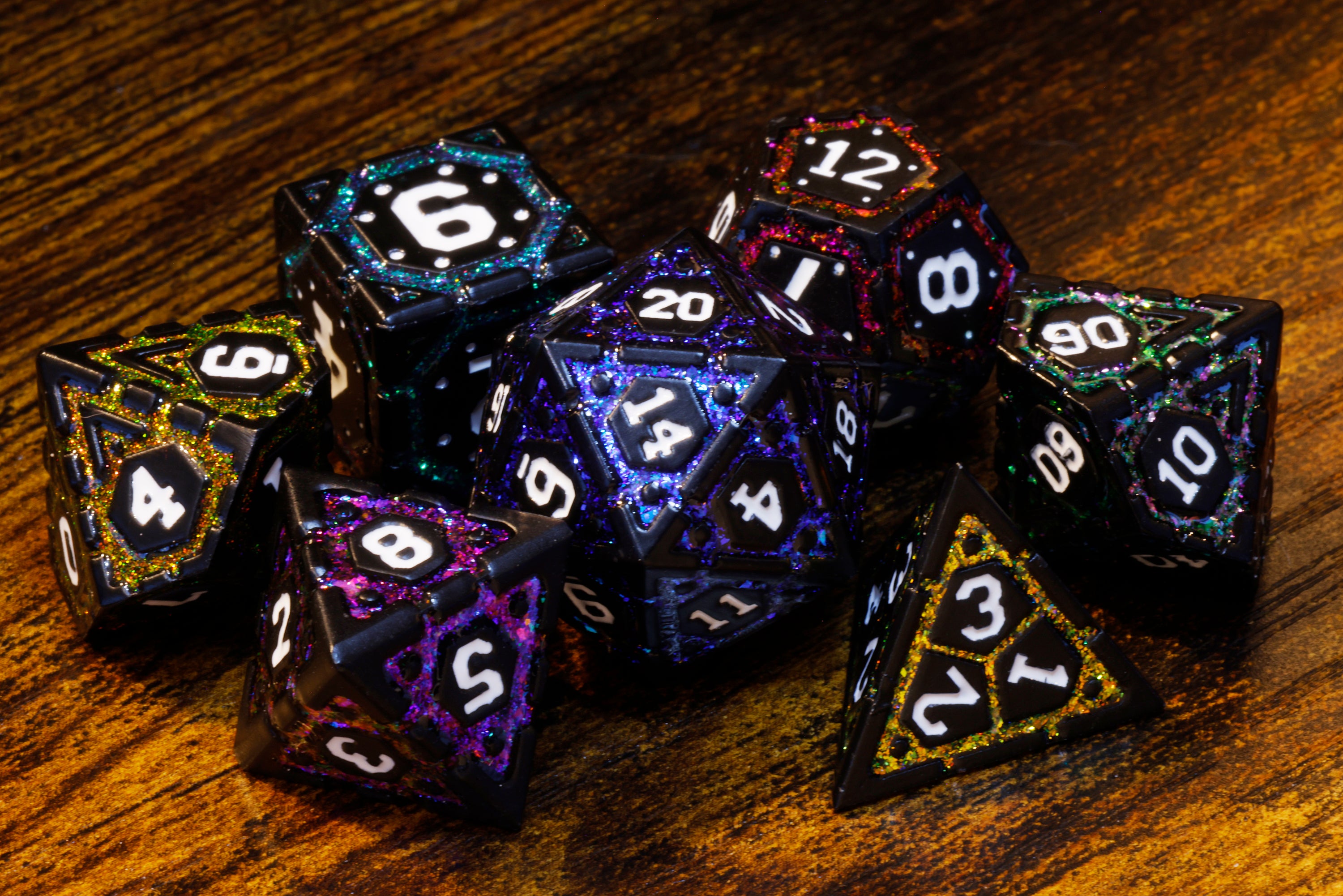 Polychrome Vault Dice Set, Black metal with multicolor mica - The Wizard's Vault