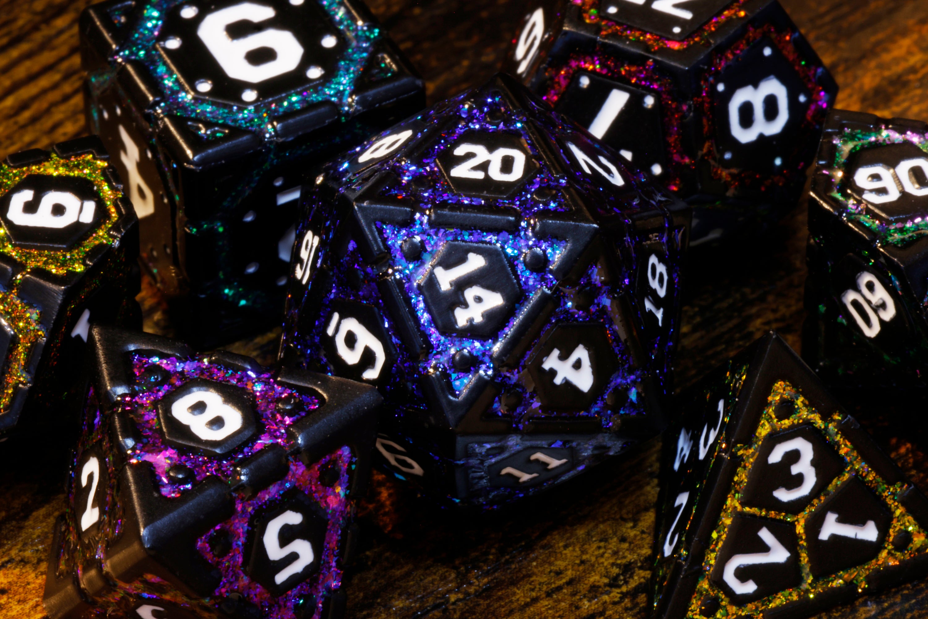 Polychrome Vault Dice Set, Black metal with multicolor mica - The Wizard's Vault