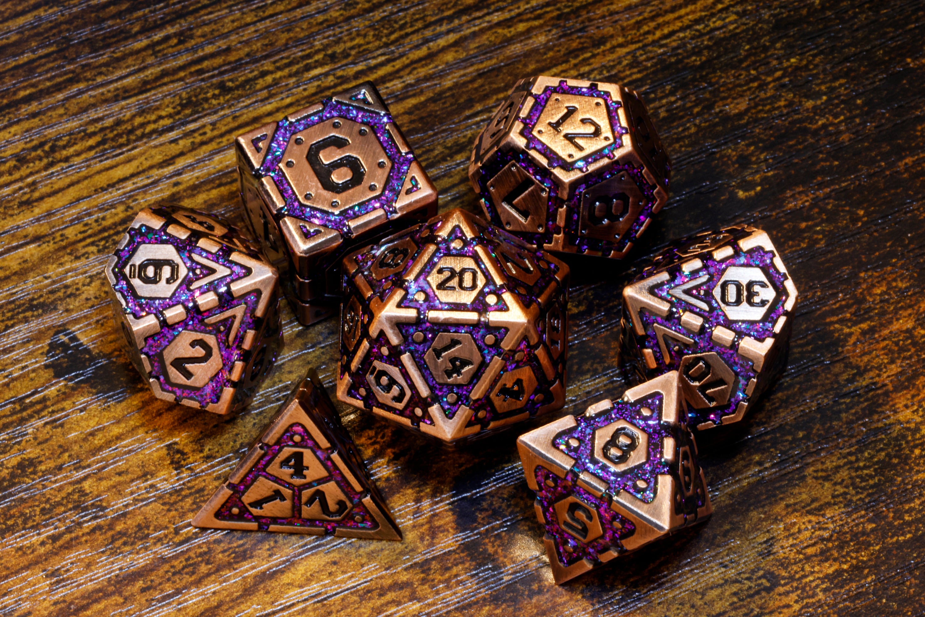 Stellar Artifact Vault dice set- Heavy Copper metal dice with blue iridescent mica - The Wizard's Vault
