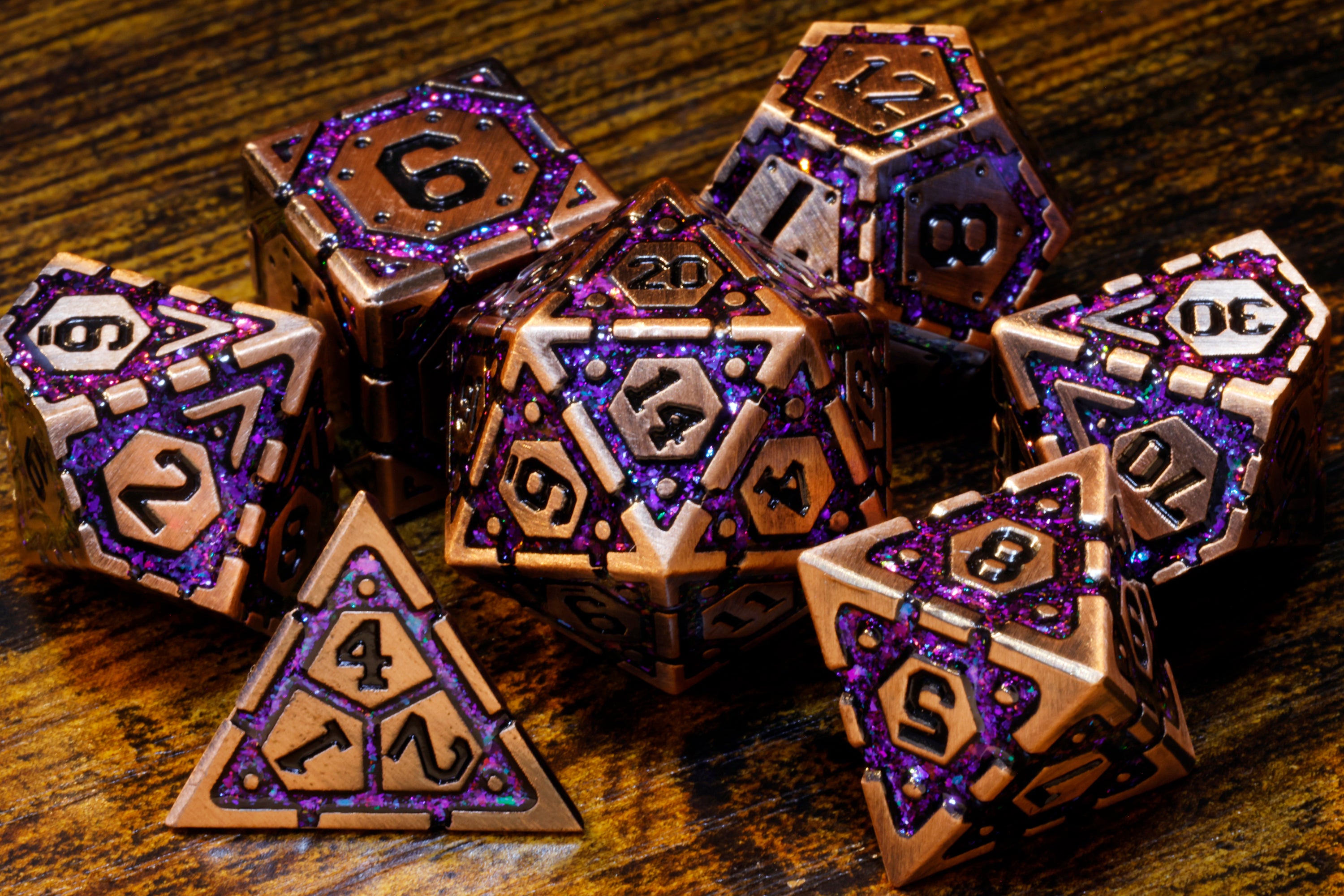 Stellar Artifact Vault dice set- Heavy Copper metal dice with blue iridescent mica - The Wizard's Vault