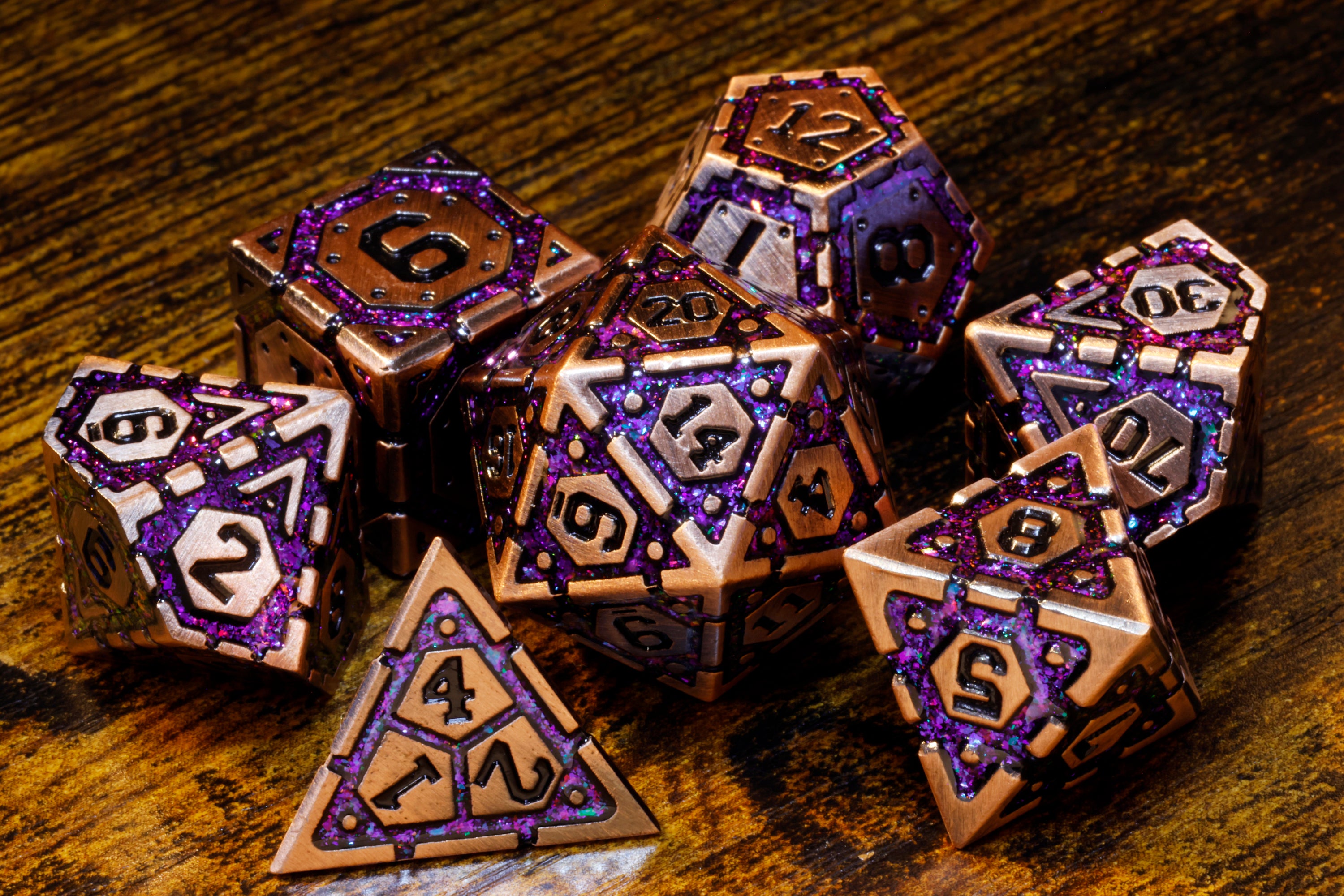 Stellar Artifact Vault dice set- Heavy Copper metal dice with blue iridescent mica - The Wizard's Vault