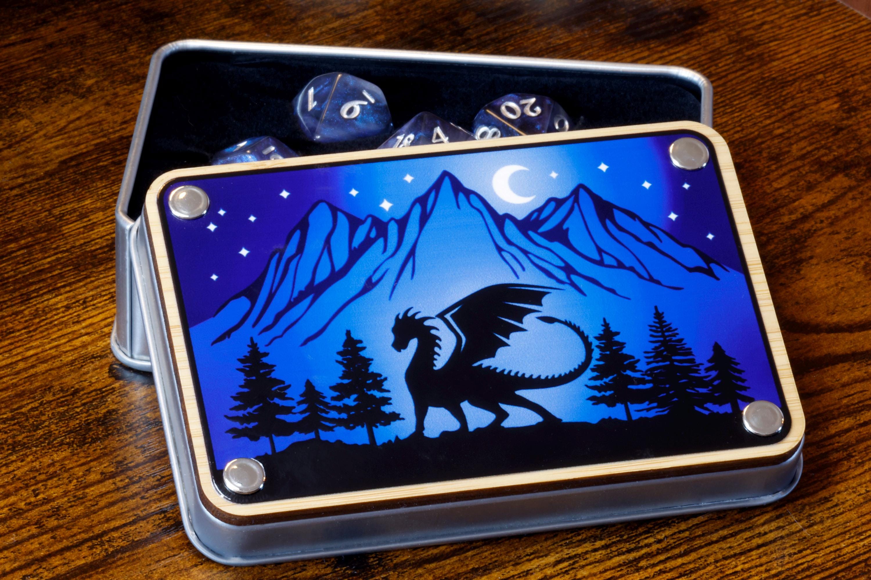 Lunar Dragon dice box with Dreamveil opal dice set