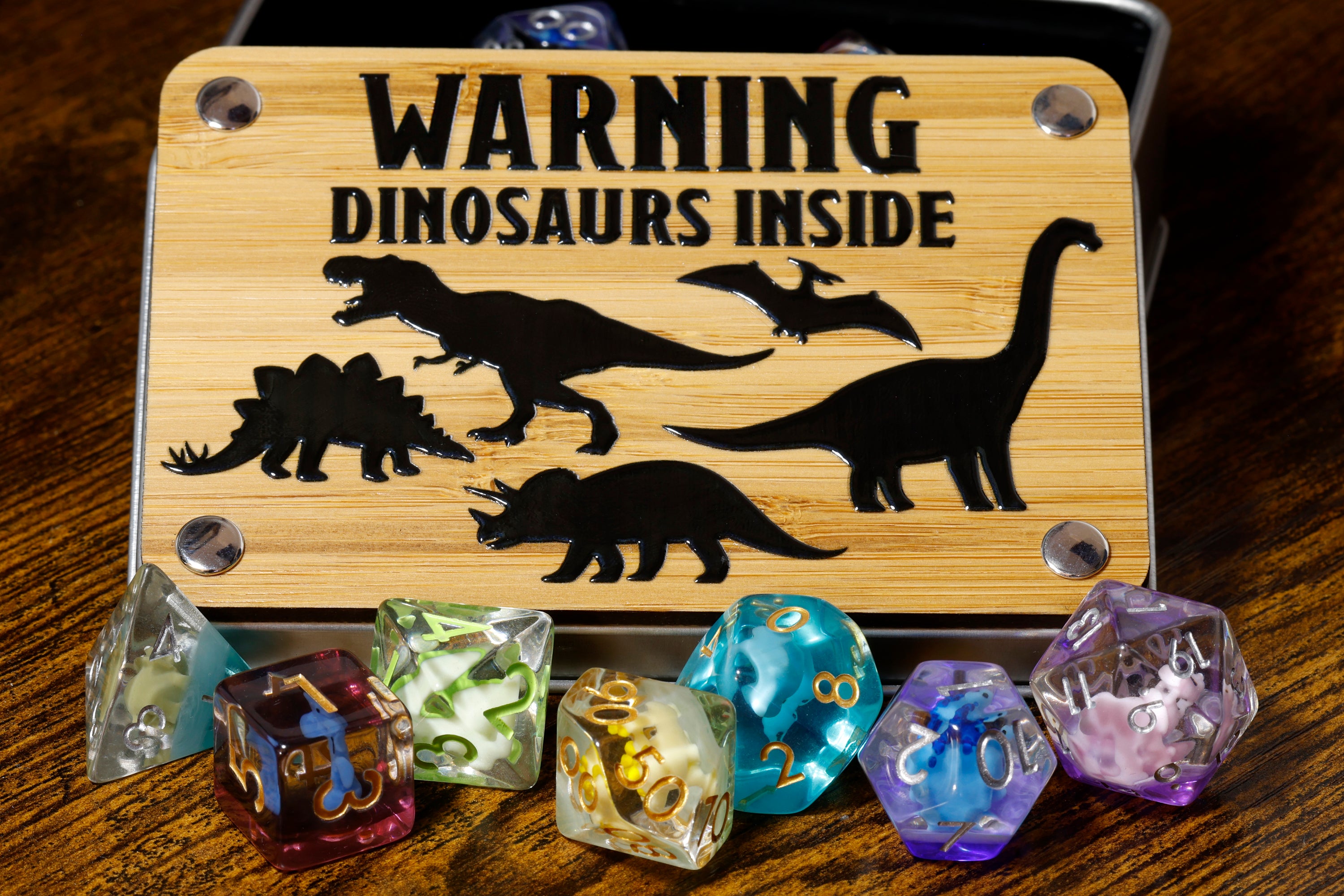 a wooden sign that says warning dinosaurs inside