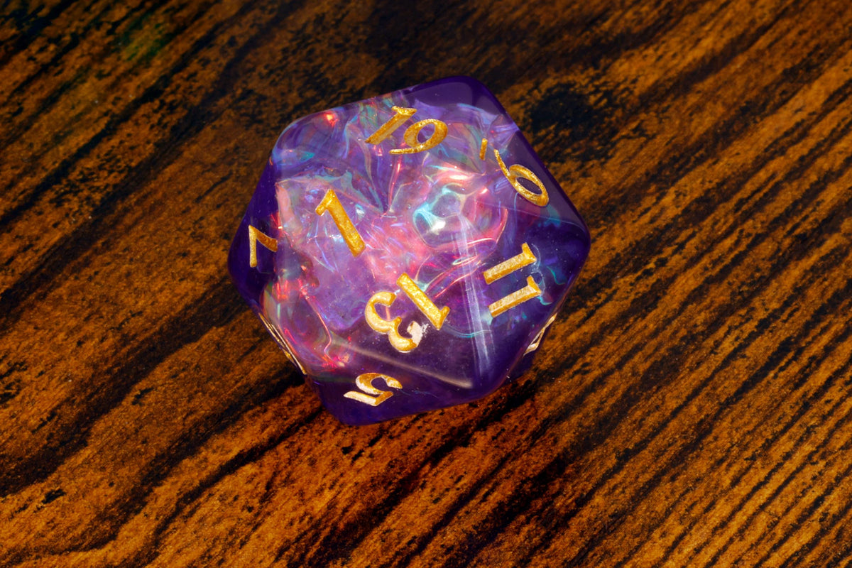 Arcane Opal Large D20 Dice – Frosted Purple & Turquoise with Holographic Foil