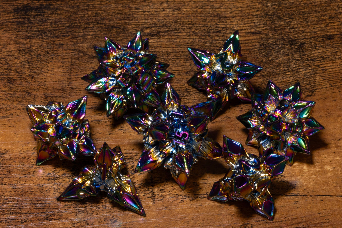 Blooming Stars 7-Piece Metal Dice Set – Rainbow Iridescent