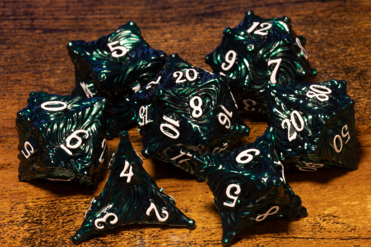 Vortex 7-Piece Metal Dice Set – Dark Teal Green Color-Shifting with White Numbers