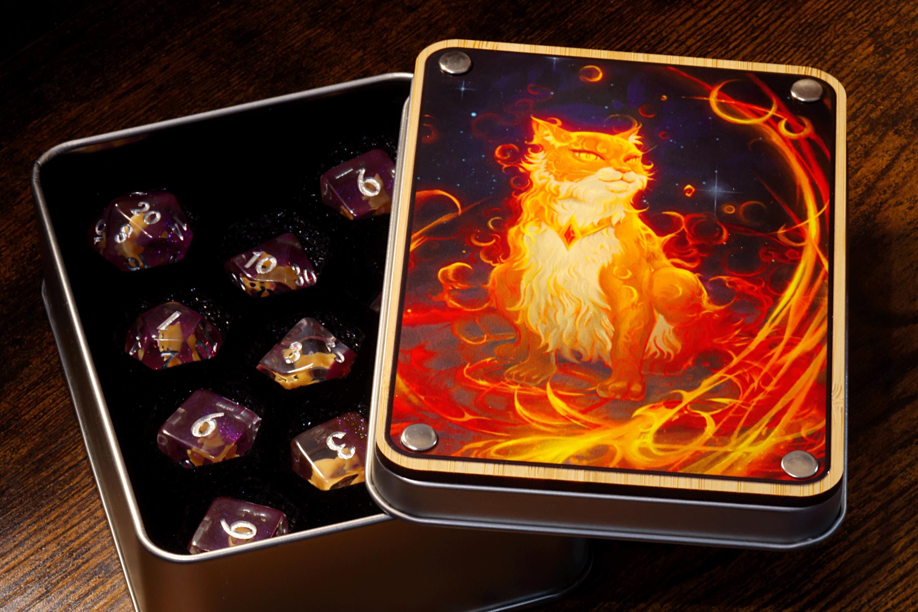 Flameborn Cat Dice Box with 11-Piece Orange Cat Dice Set