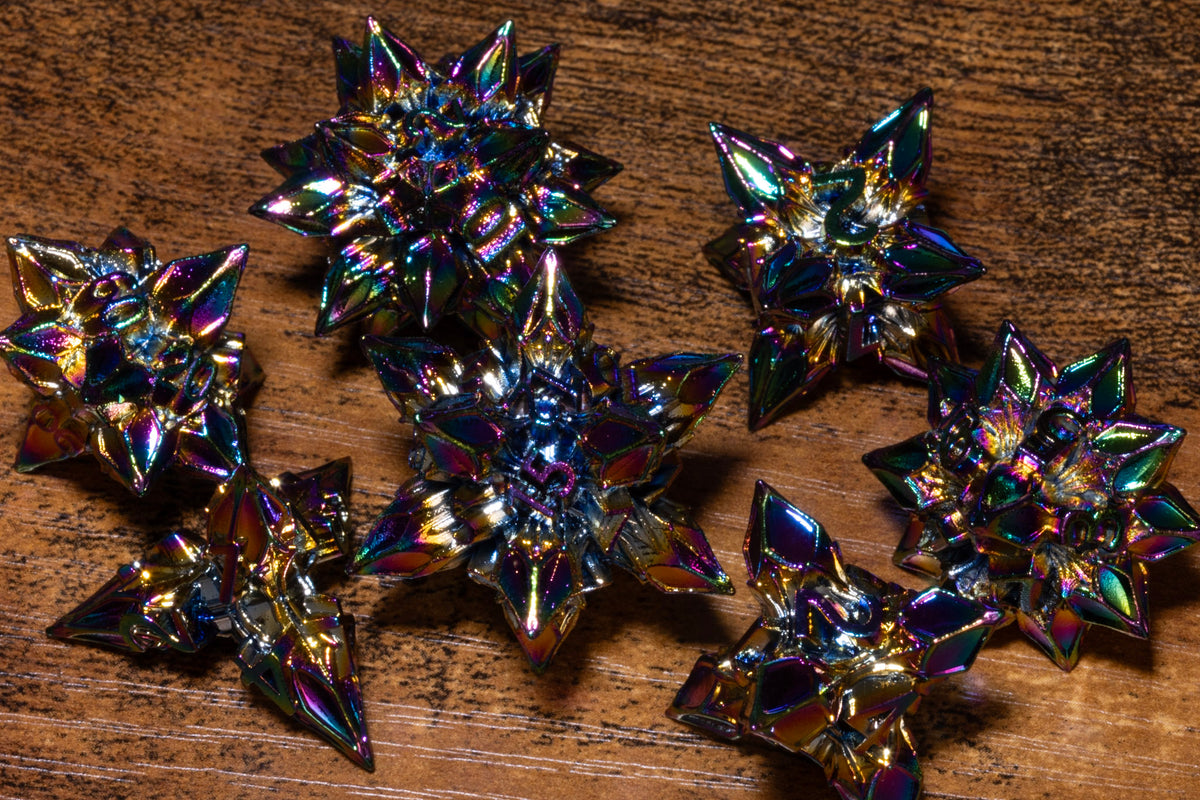 Blooming Stars 7-Piece Metal Dice Set – Rainbow Iridescent