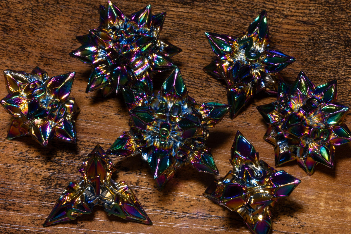Blooming Stars 7-Piece Metal Dice Set – Rainbow Iridescent