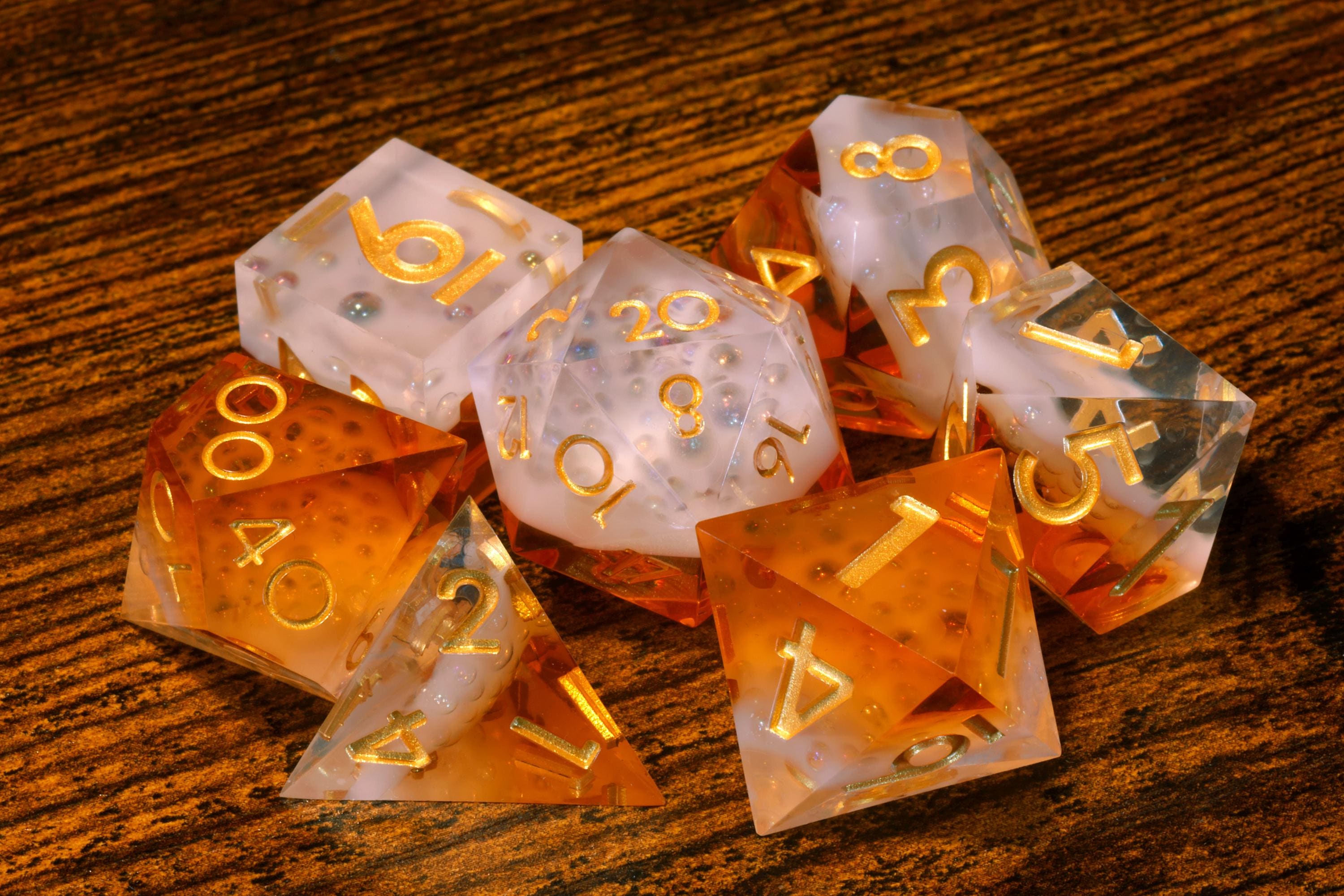 Bard’s Brew golden ale and cream polyhedral dice with decorative bard box