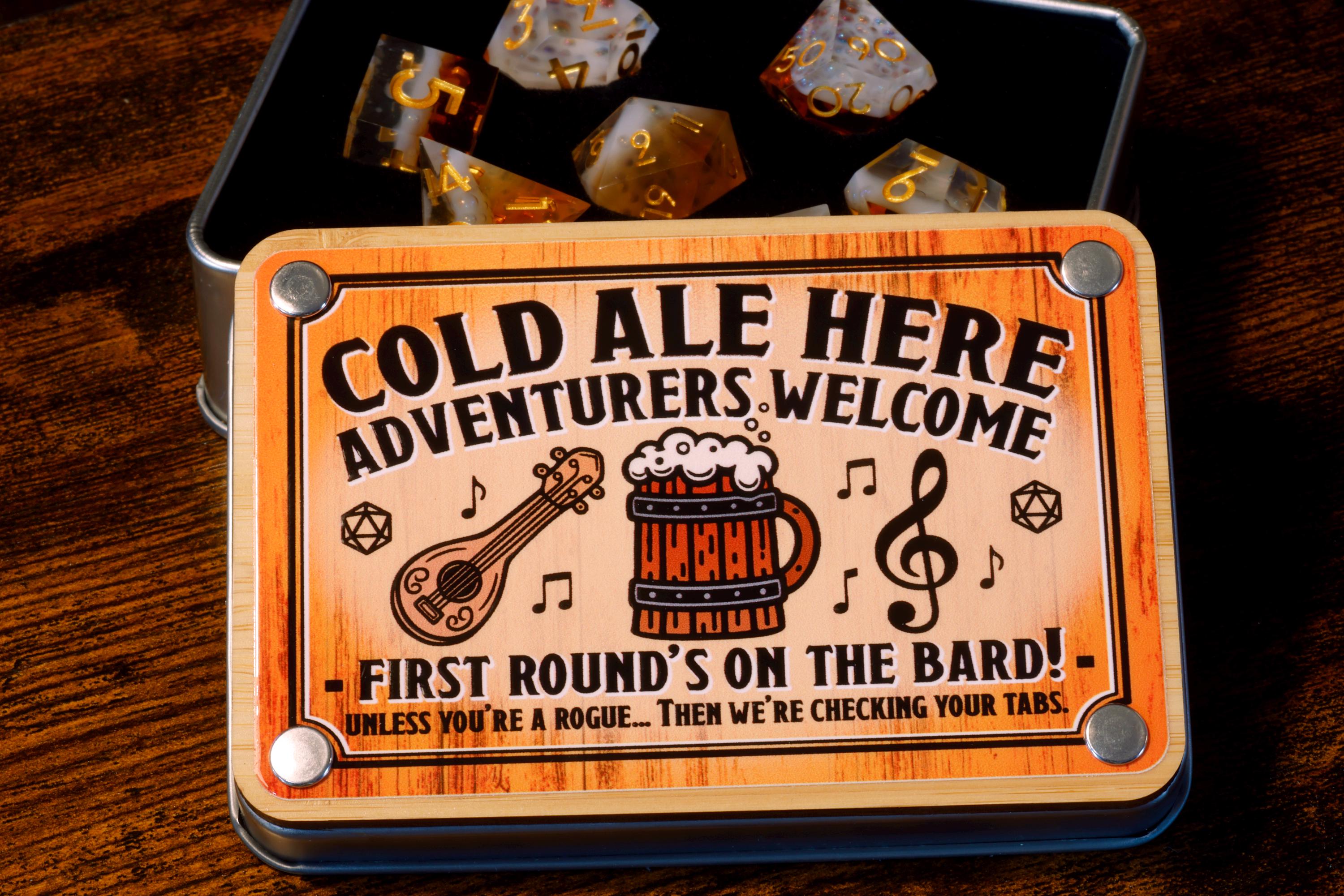 Bard’s Brew resin dice with gold numbering and decorative box