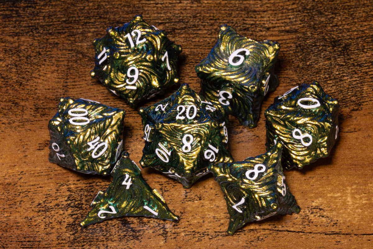 Vortex 7-Piece Metal Dice Set – Lime Green with White Numbers