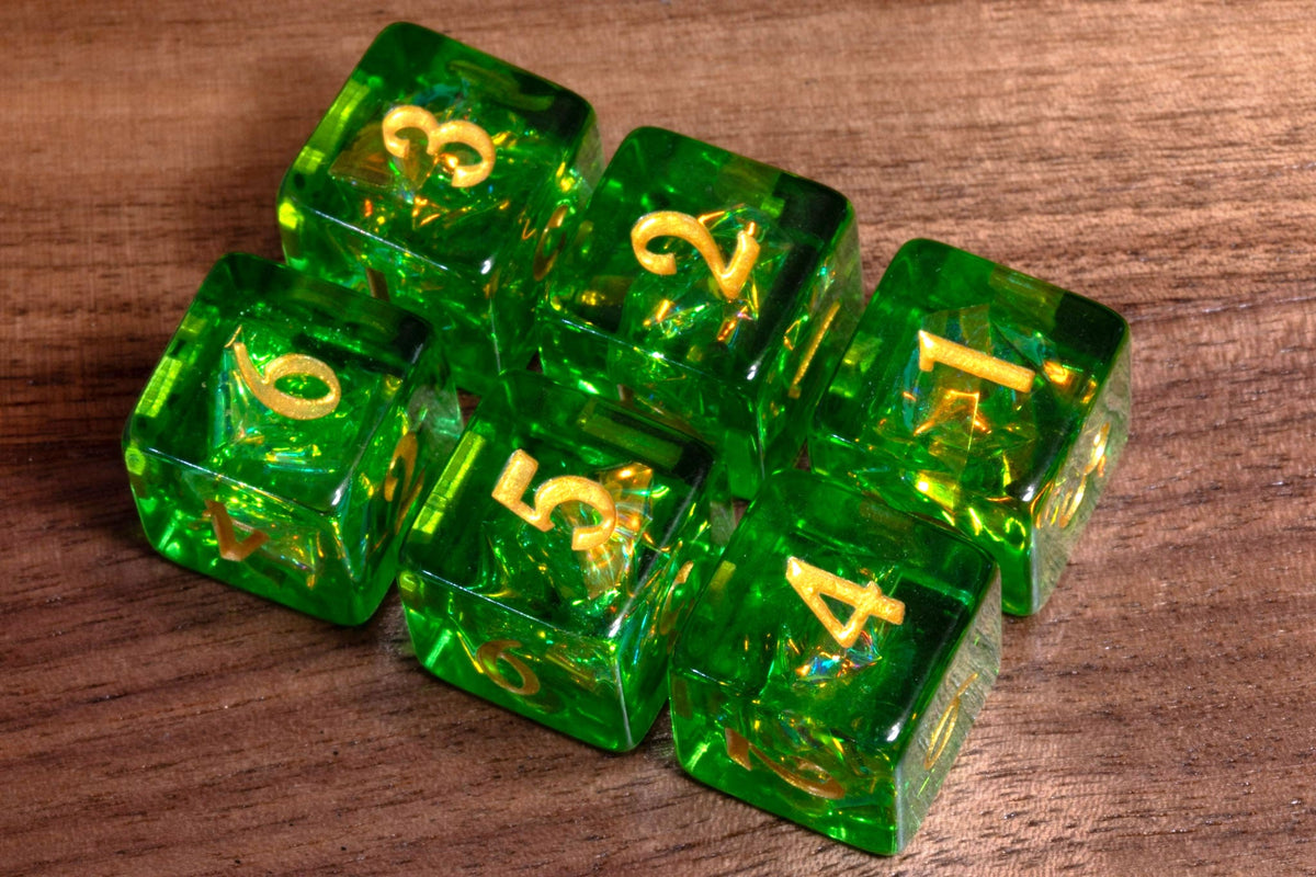 Canopy Opal D6 Dice – Green Holographic Foil, Gold Font - The Wizard's Vault