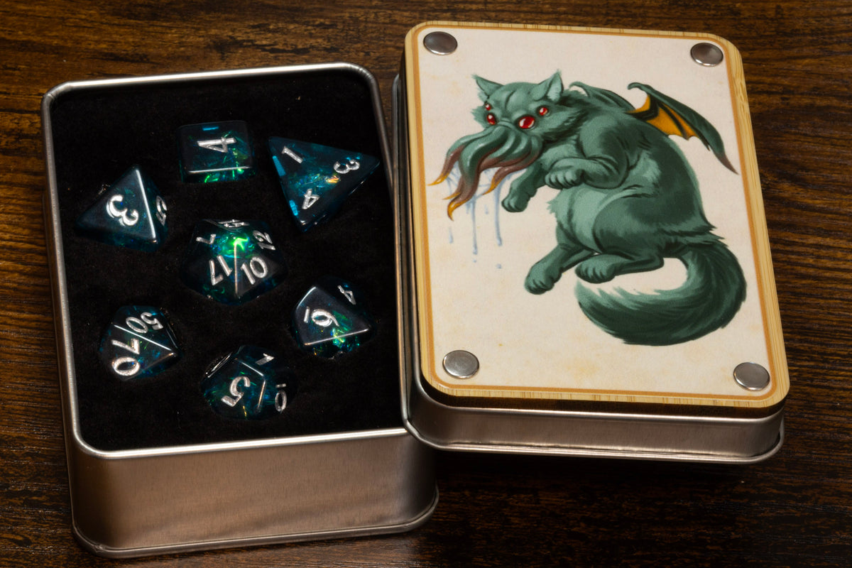 Cathulhu dice box with Abyssal Opal dice set - The Wizard's Vault