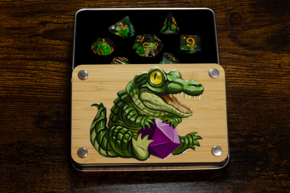 Crocodile dice box with green crocodile dice set - The Wizard's Vault