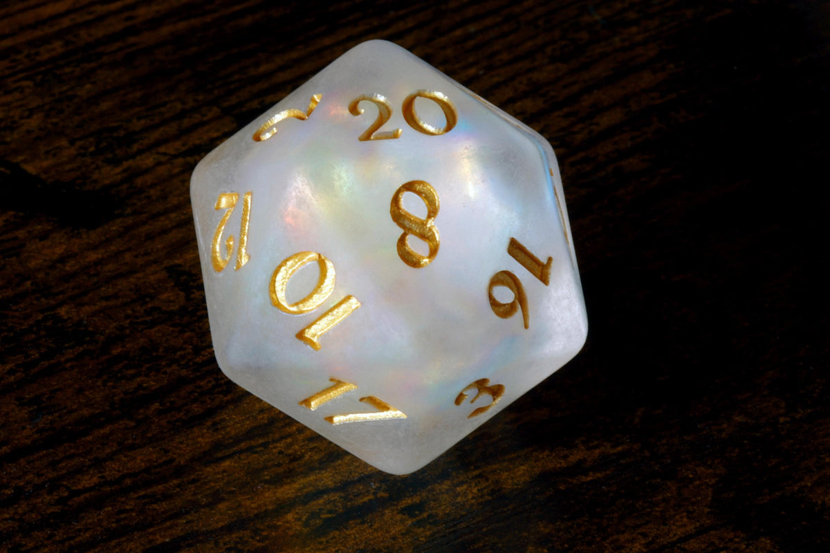 Paladin's Oath Large D20 Dice – Set of 3, Frosted White with Holographic Foil