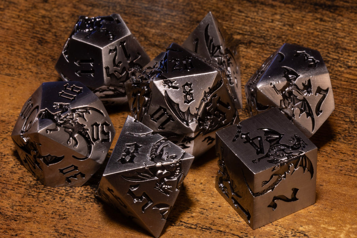Dragoncore 7-Piece Metal Dice Set – Antique Silver with Black Dragons – photo 1
