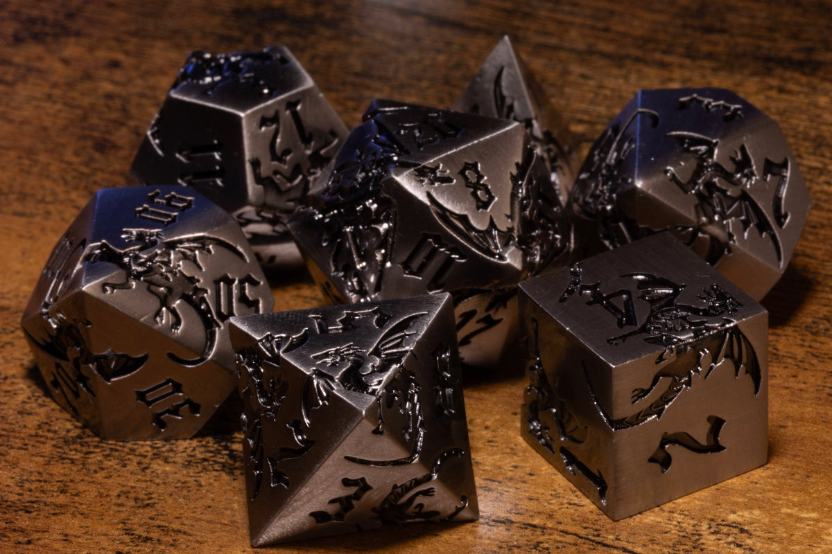 Dragoncore 7-Piece Metal Dice Set – Antique Silver with Black Dragons – photo 2