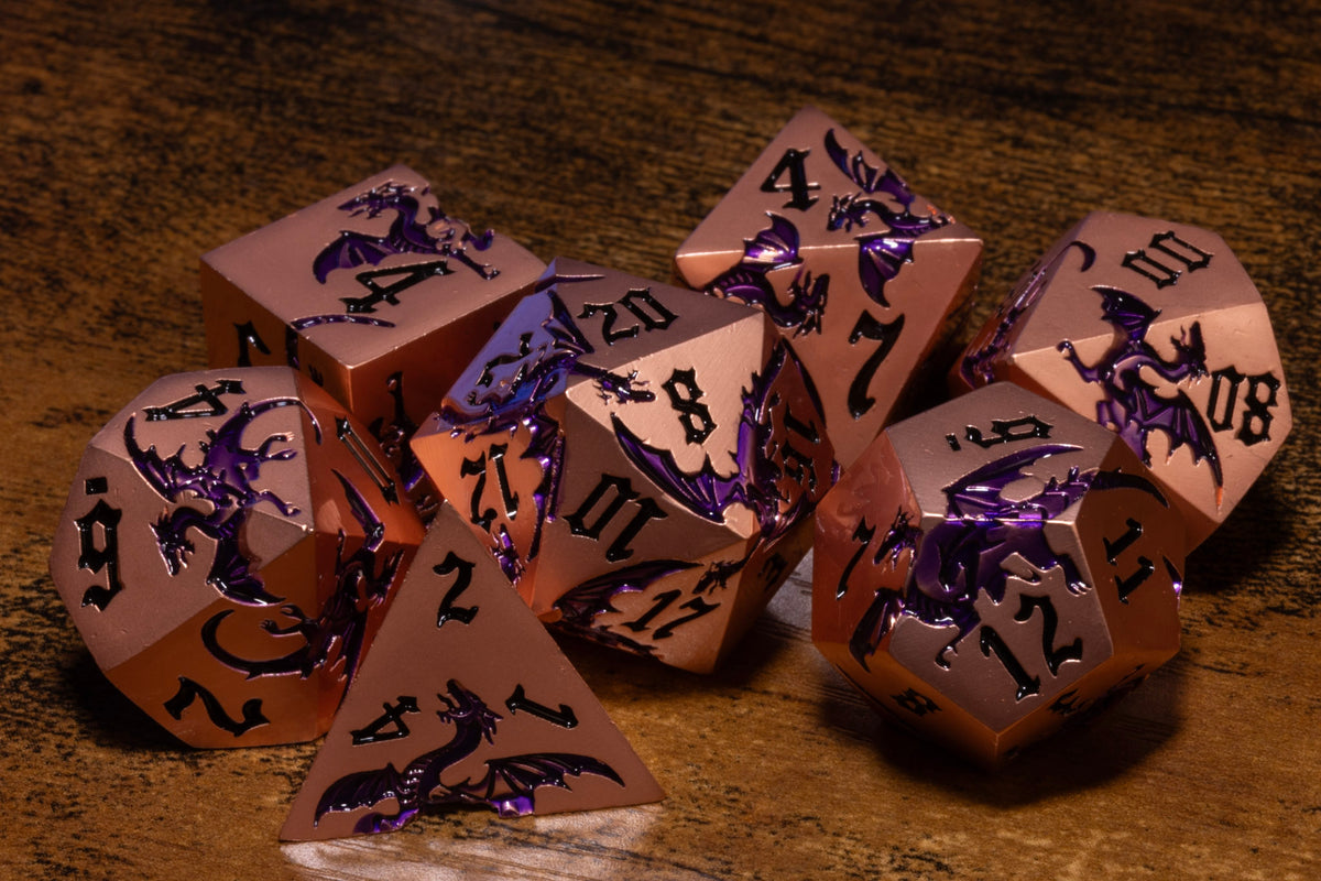 Dragoncore 7-Piece Metal Dice Set – Copper with Purple Dragons – photo 2