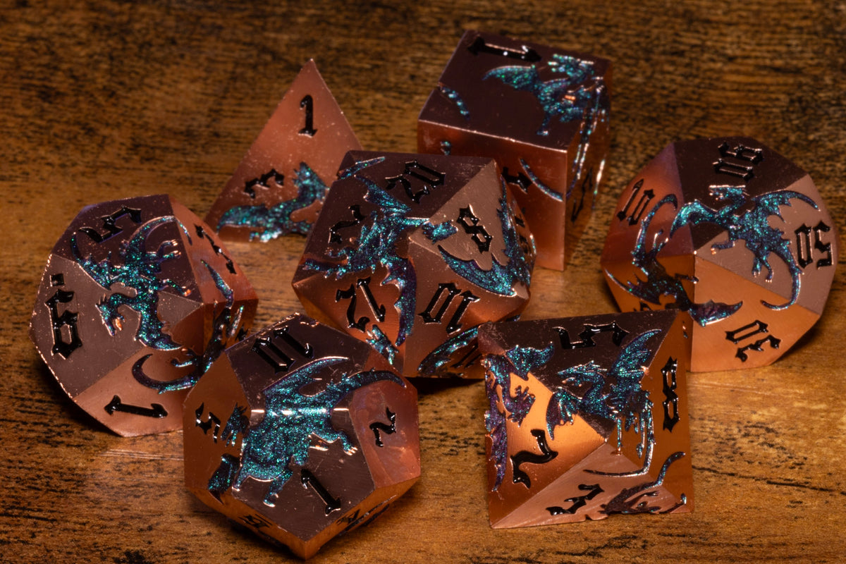 Dragoncore 7-Piece Metal Dice Set – Copper with Purple-Green Color-Shifting Dragons – photo 1