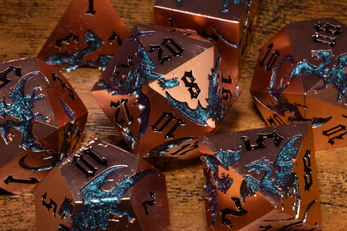 Dragoncore 7-Piece Metal Dice Set – Copper with Purple-Green Color-Shifting Dragons – photo 4