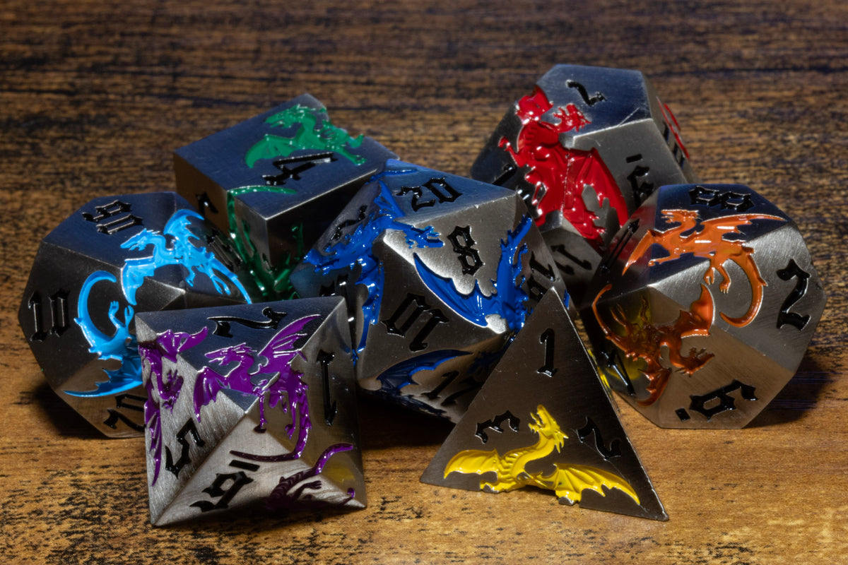 Dragoncore 7-Piece Metal Dice Set – Gunmetal with Rainbow Dragons – photo 2