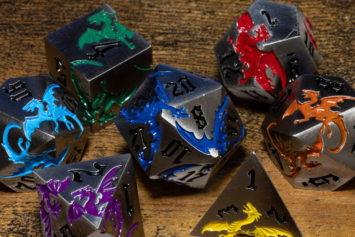 Dragoncore 7-Piece Metal Dice Set – Gunmetal with Rainbow Dragons – photo 4