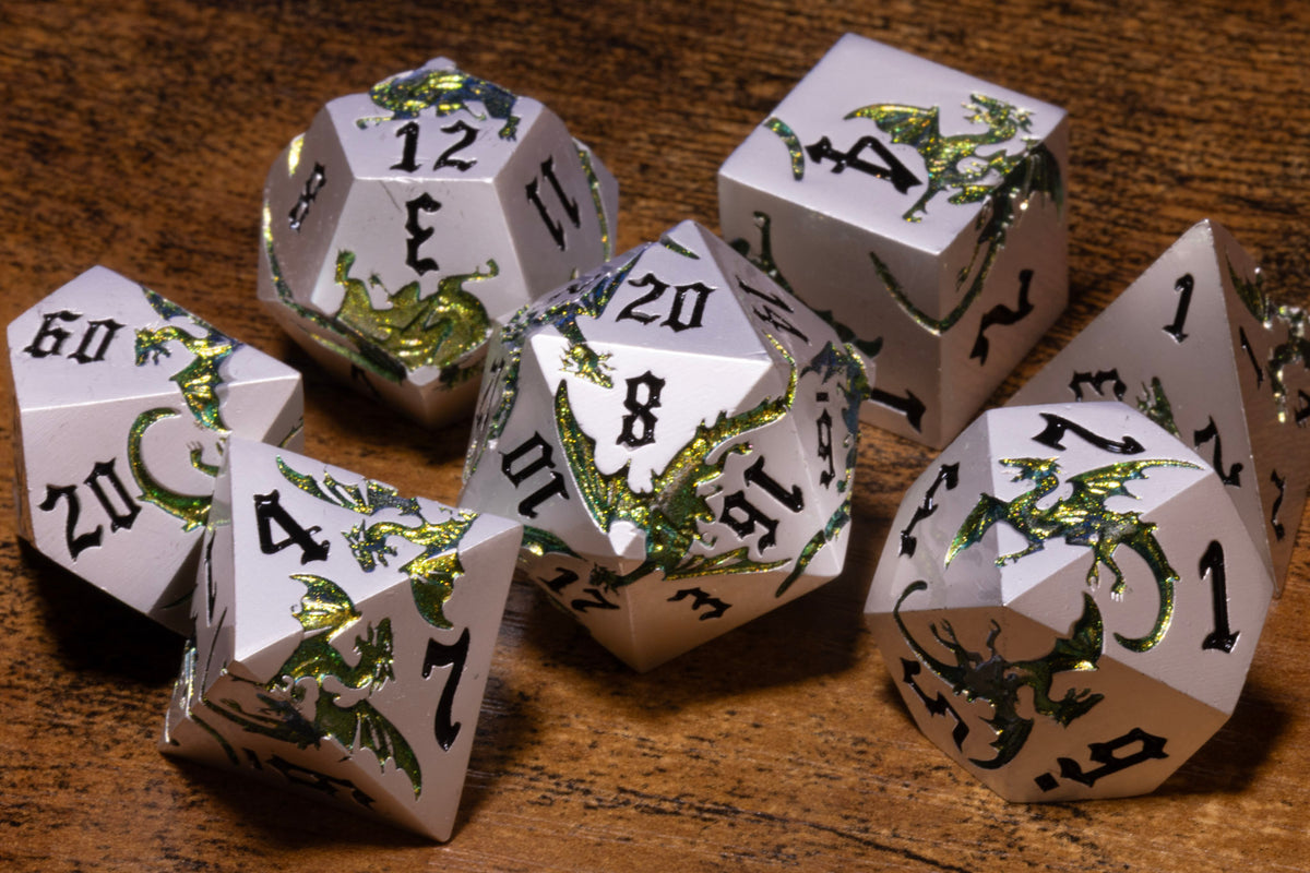 Dragoncore 7-Piece Metal Dice Set – Pearl Silver with Green Dragons – photo 1
