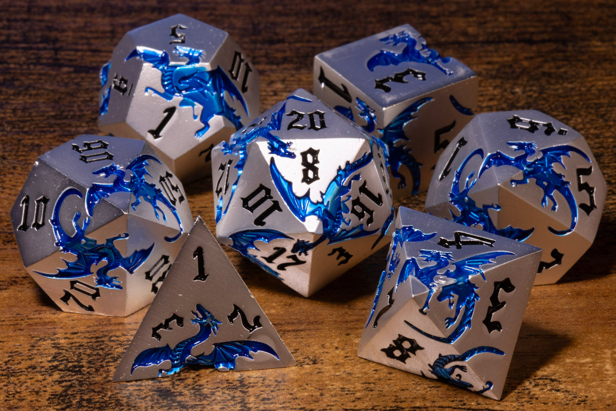 Dragoncore 7-Piece Metal Dice Set – Silver with Blue Dragons – photo 1