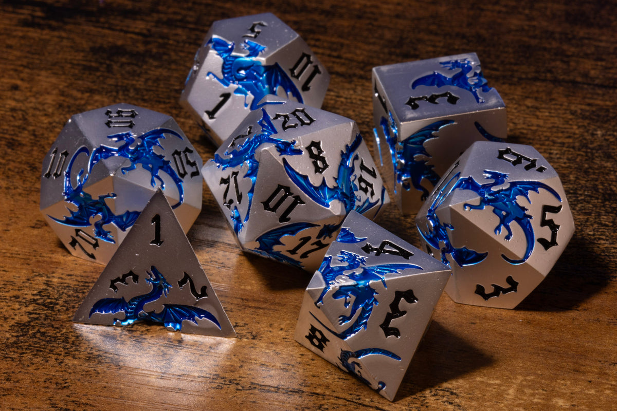 Dragoncore 7-Piece Metal Dice Set – Silver with Blue Dragons – photo 3