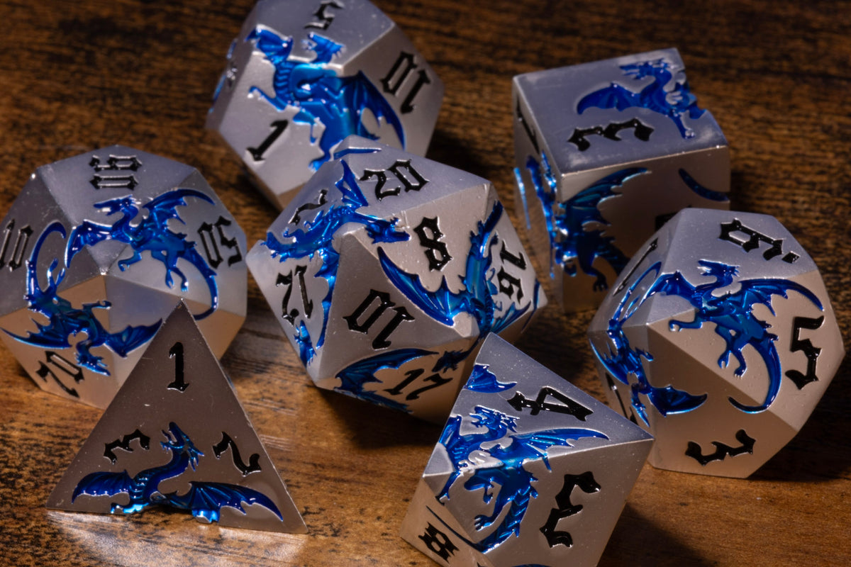 Dragoncore 7-Piece Metal Dice Set – Silver with Blue Dragons – photo 4