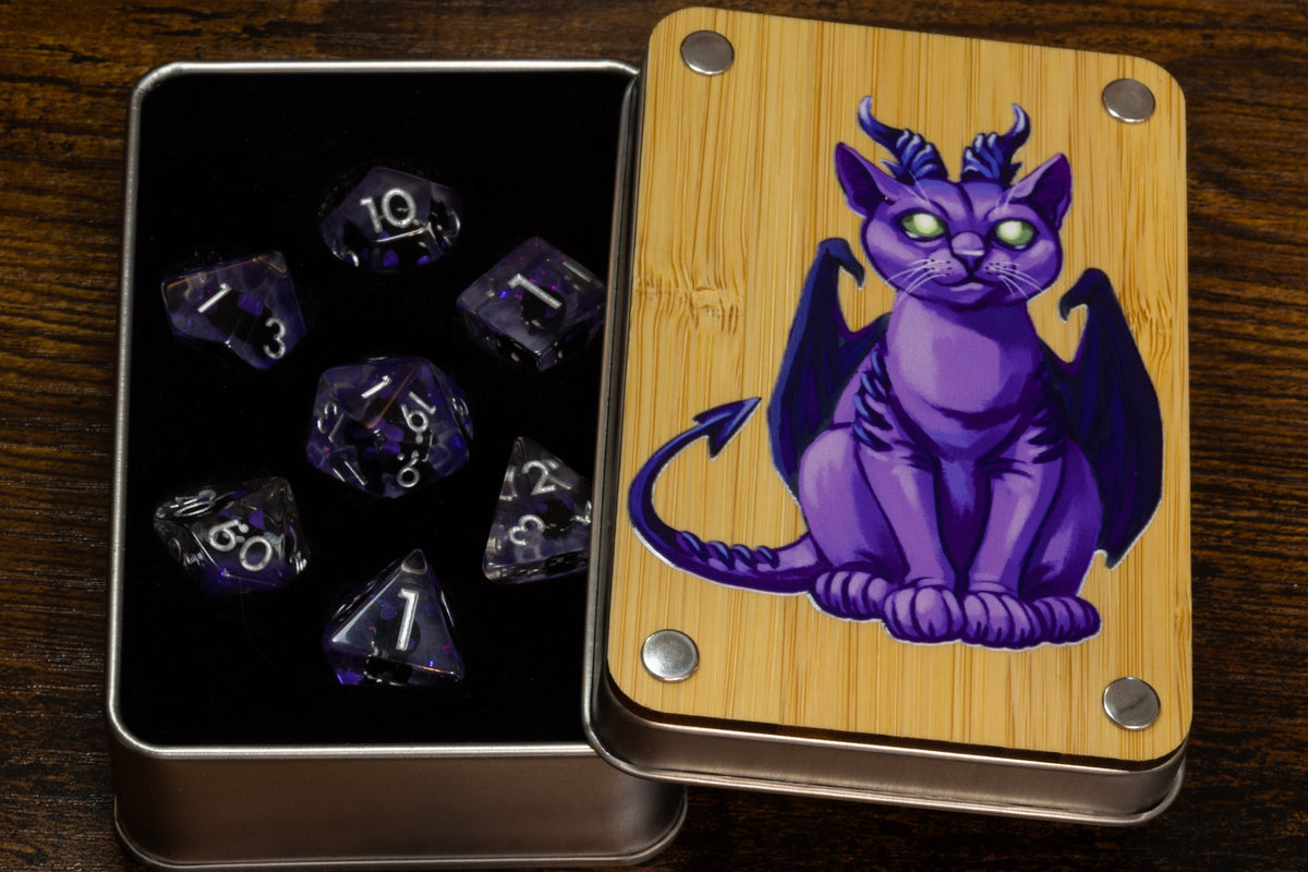 Eldritch Cat dice box with Eldritch Cat dice set - The Wizard's Vault