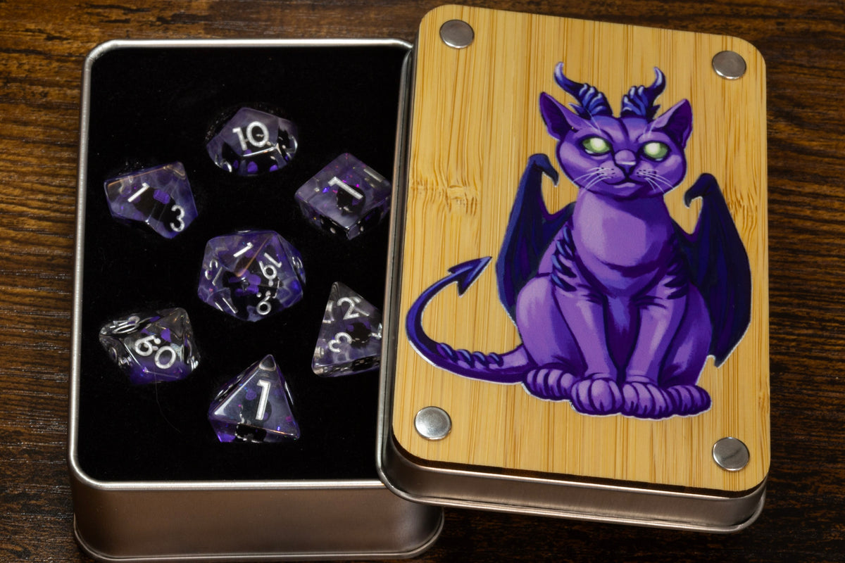 Eldritch Cat dice box with Eldritch Cat dice set - The Wizard's Vault