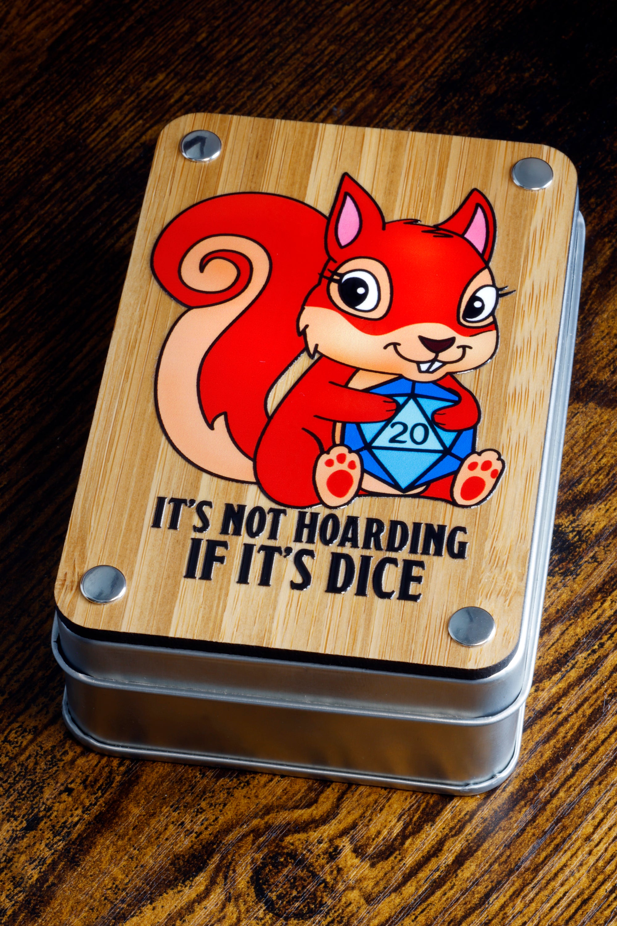 a wooden box with a picture of a squirrel on it