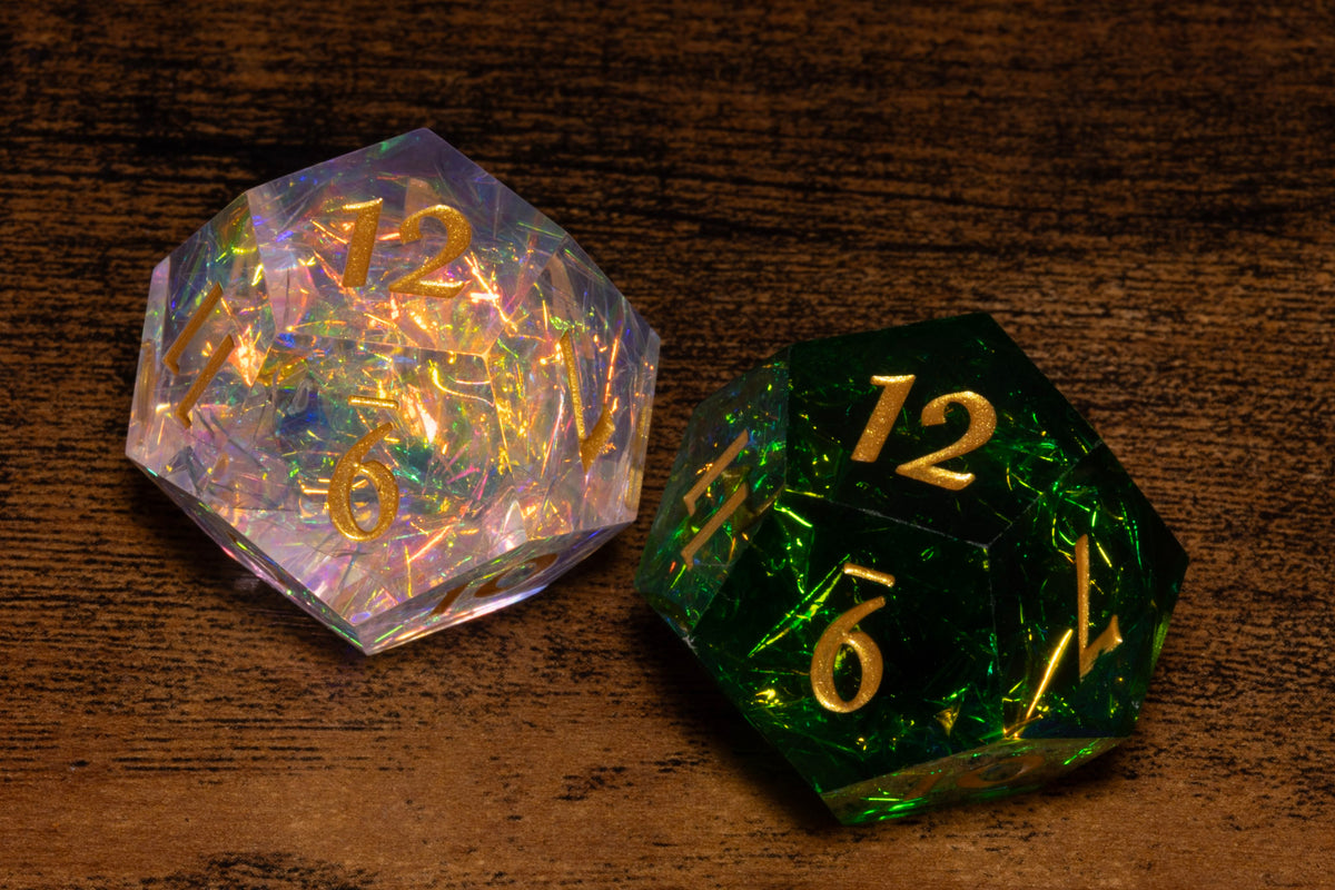 Hope & Fear D12 Set – Sacred Opal + Sacred Emerald – Sharp-Edge Resin Duality Dice for Daggerheart