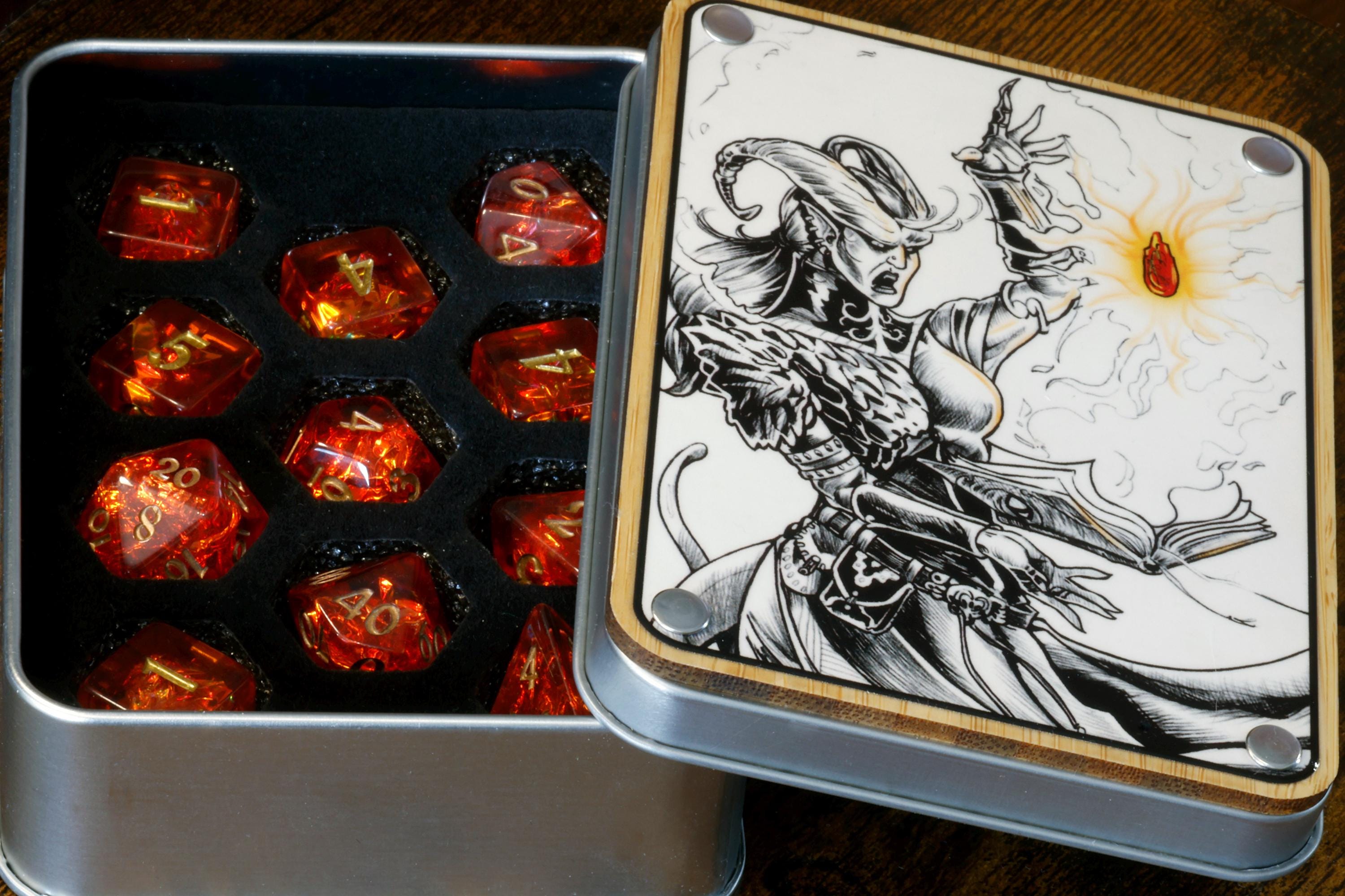 Pyromancer Ritual Dice Box and 11-Piece Fire Opal Dice Set