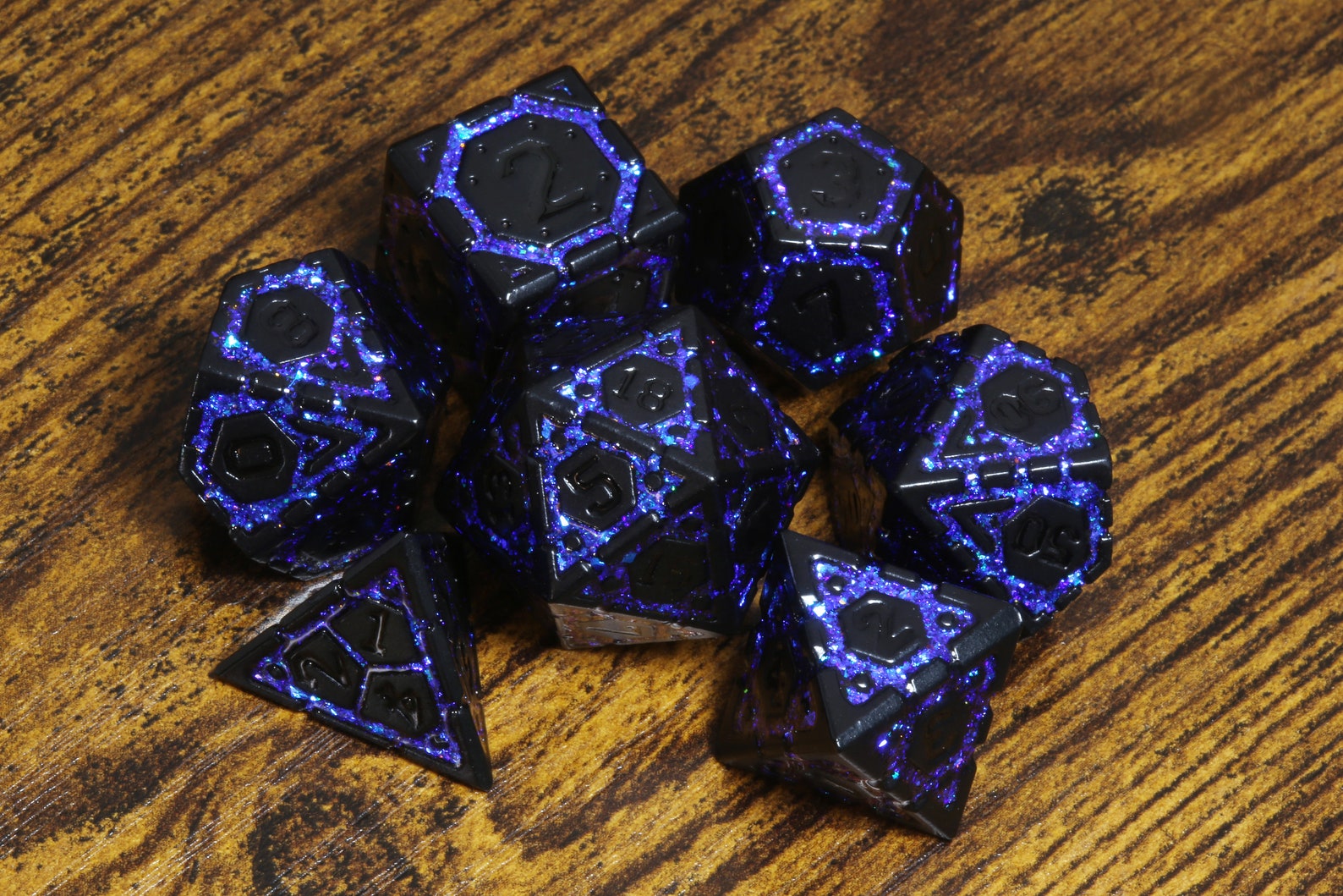 Midnight Vault dice set- Black metal dice with blue iridescent mica - The Wizard's Vault