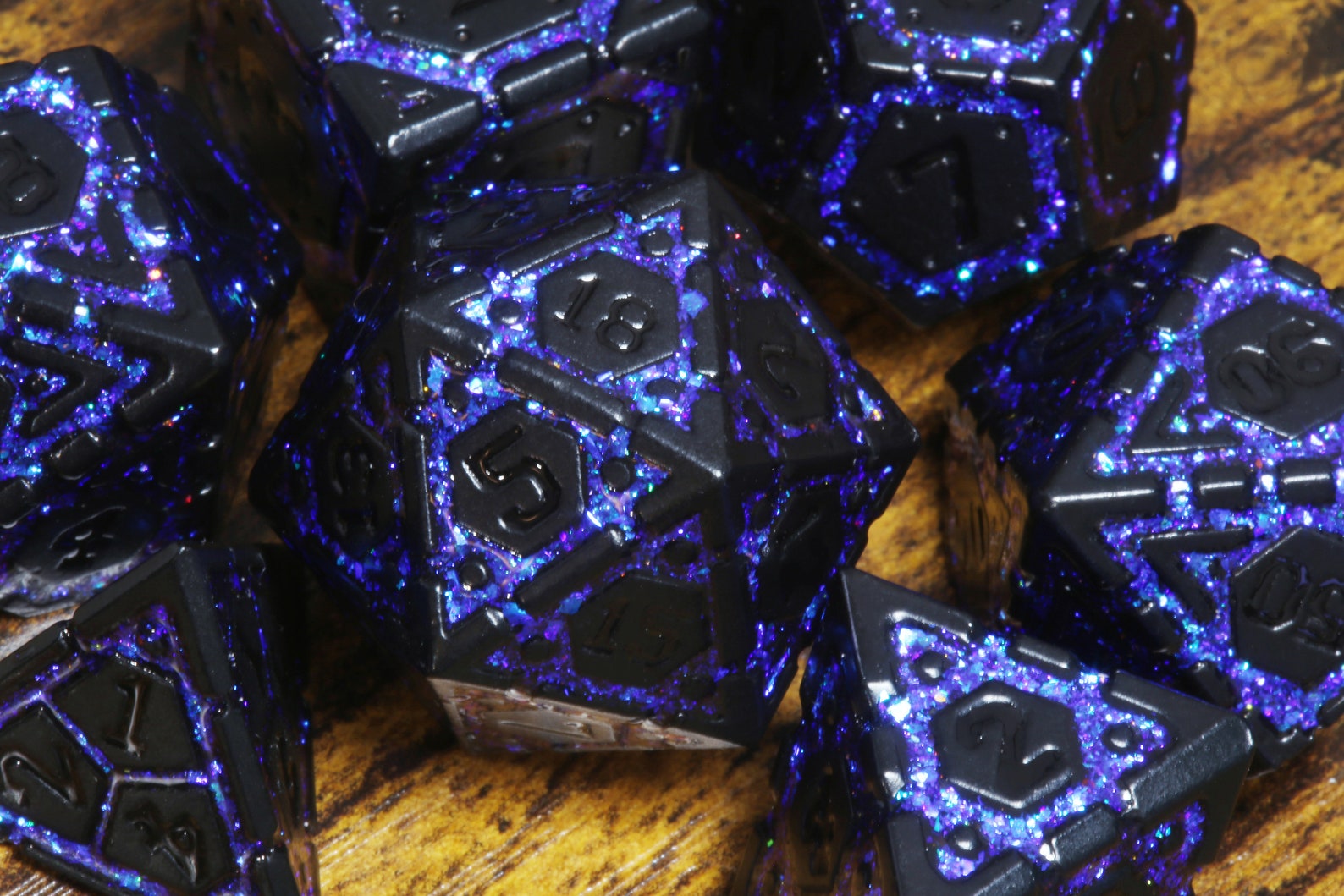 Midnight Vault dice set- Black metal dice with blue iridescent mica - The Wizard's Vault