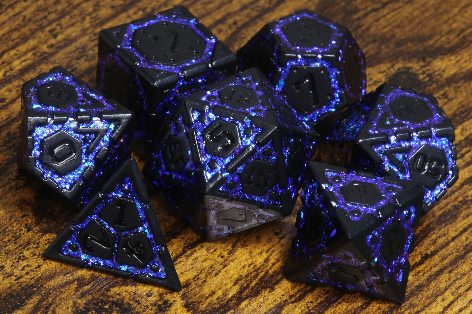 Midnight Vault dice set- Black metal dice with blue iridescent mica - The Wizard's Vault