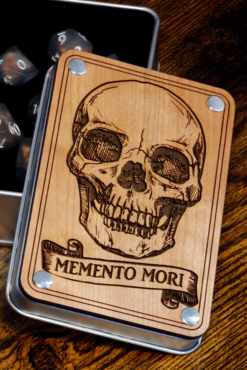Memento Mori dice set with metal box - The Wizard's Vault