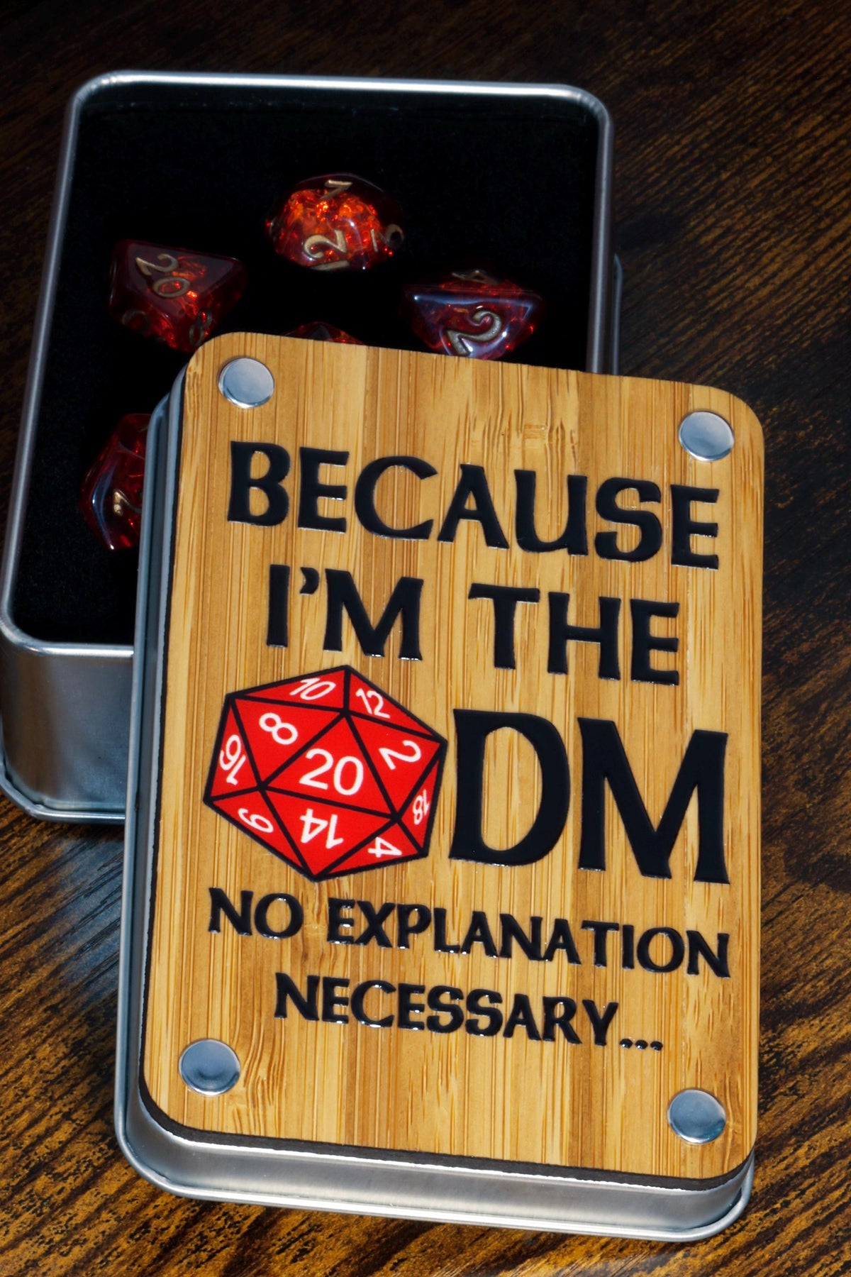 Because I'm the DM Dice Box with Fire Opal Dice Set - The Wizard's Vault