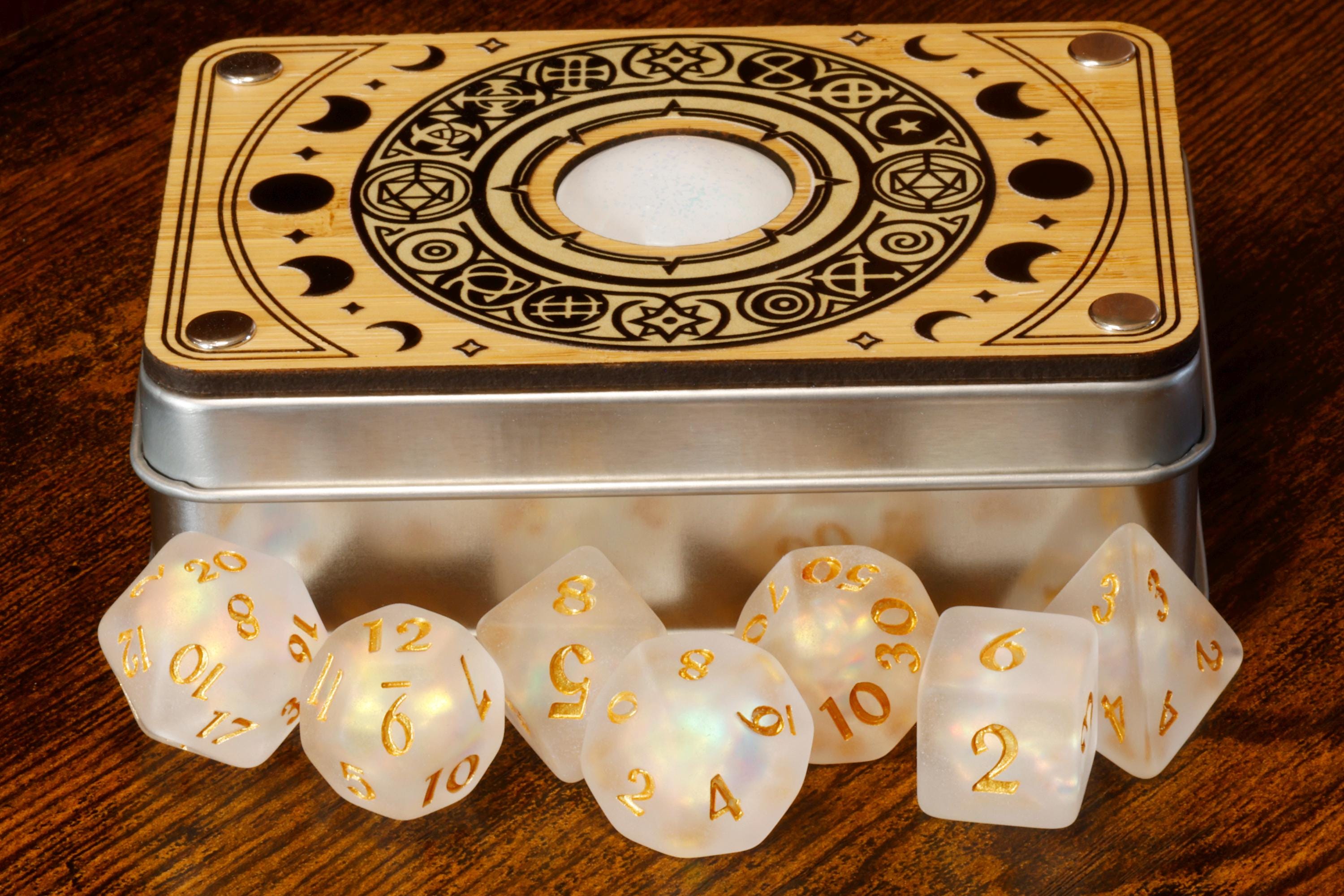 Celestial Round Dice Box & Opal Dice Set