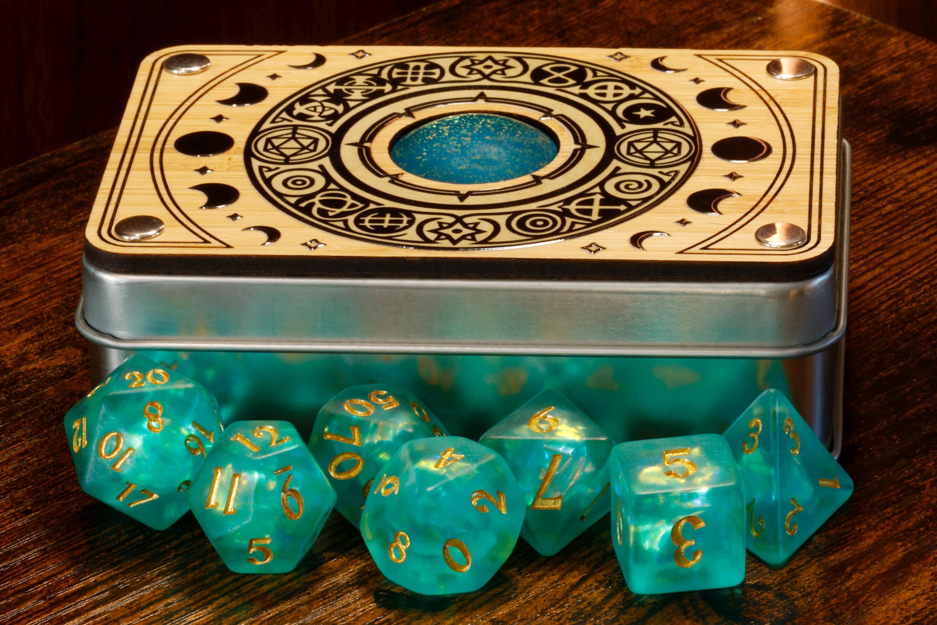 Celestial Round Dice Box & Opal Dice Set