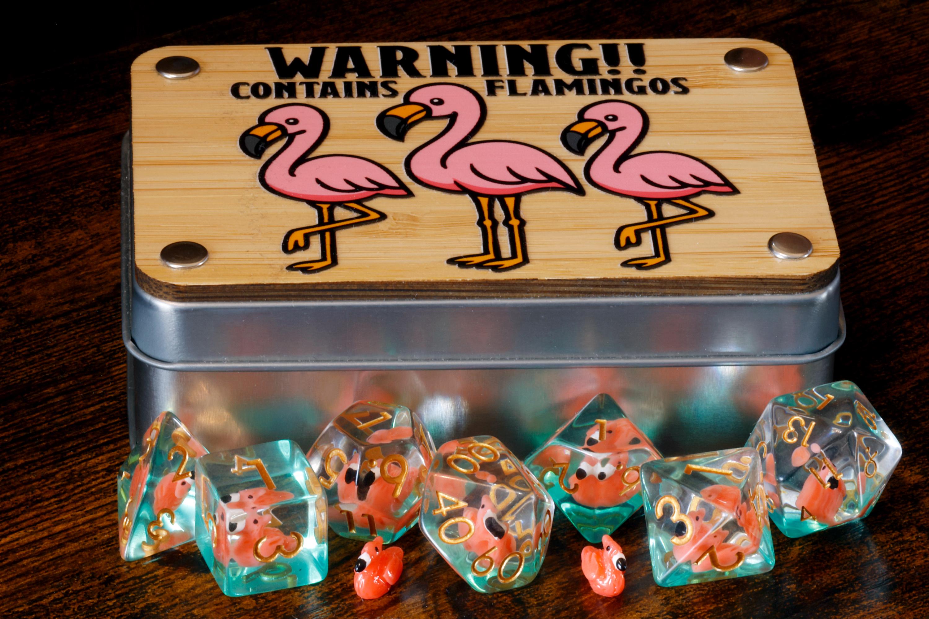 Warning Flamingoes Dice Set and Box