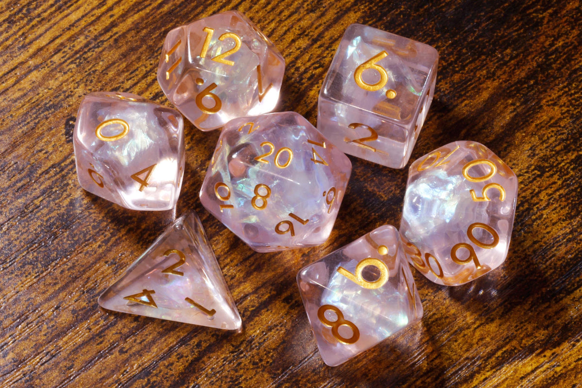 Roselight Prism 7-Piece Dice Set – Light Pink Clear Resin with Holographic Foil