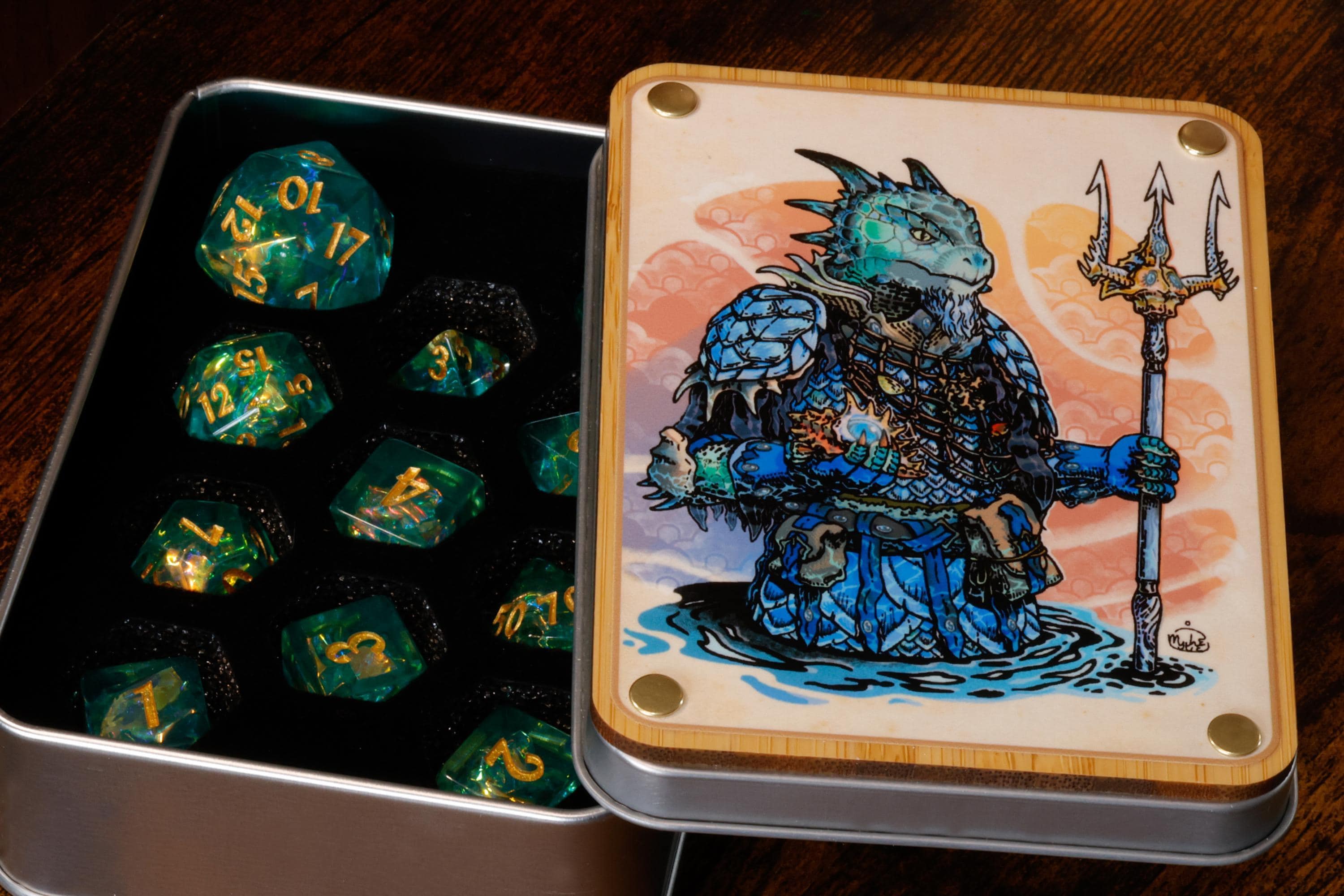 Ocean Opal Turtle Dragonborn Guardian Dice Set and Box