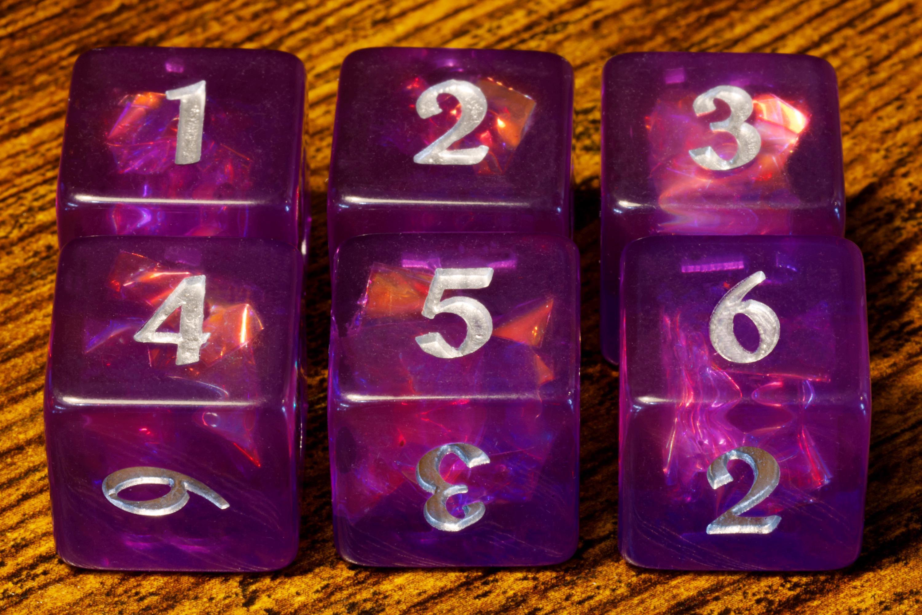 Eldritch Opal D6 Dice – Purple Holographic Inclusions, Translucent Holographic Glitter